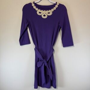 Lilly Pulitzer Jonah Midi Dress Shift Purple Gold Neckline Belted Women's Sz XS